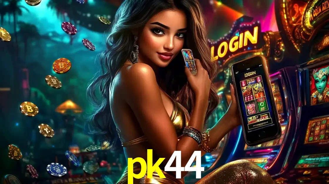 Mulher em um cenário de cassino temático de aventura, mostrando o app de caça-níqueis da pk44 no celular. Fichas de apostas flutuam ao redor.